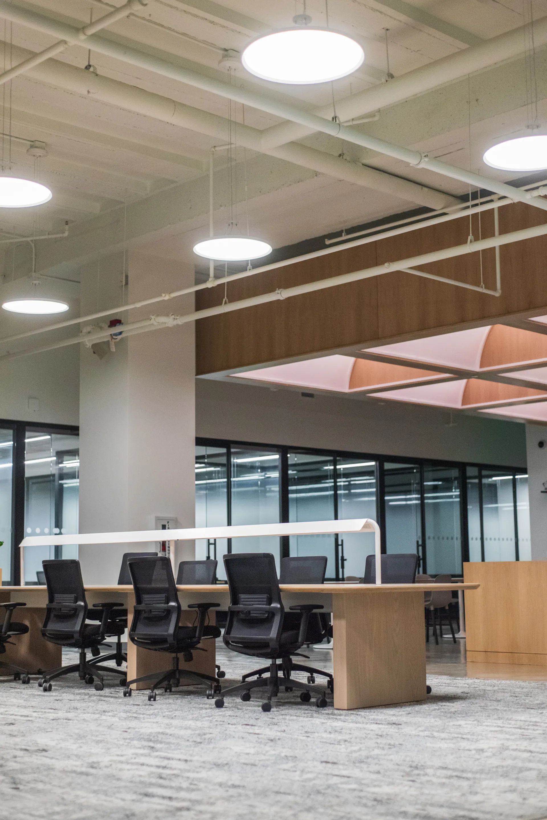 Ruime, moderne kantoortuin met bureaus en verlichting