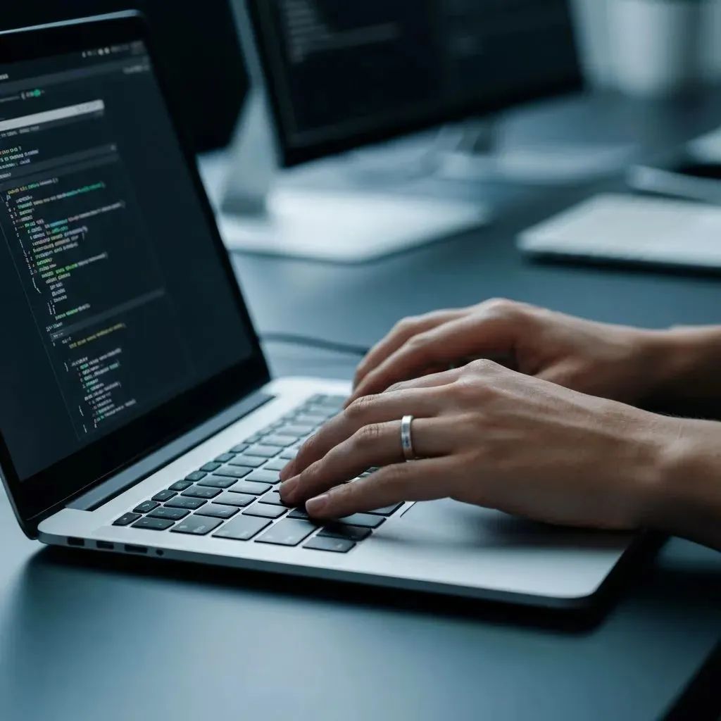Handen aan het werk op een laptop met code in beeld